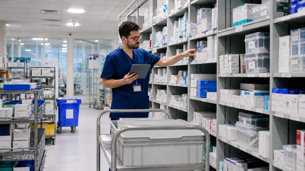 Warehouse operator using a Zebra healthcare handheld computer